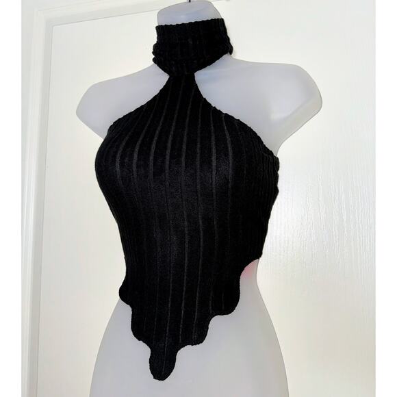 New Medium‎ Black High Neck Sleeveless Turtleneck Ribbed Drip Hem Crop Triangle - Picture 4 of 5